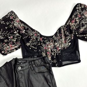 Black Floral Mesh Crop Top
